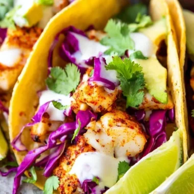 Delicious Baja fish tacos served with fresh toppings and lime wedges
