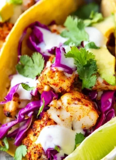 Delicious Baja fish tacos served with fresh toppings and lime wedges