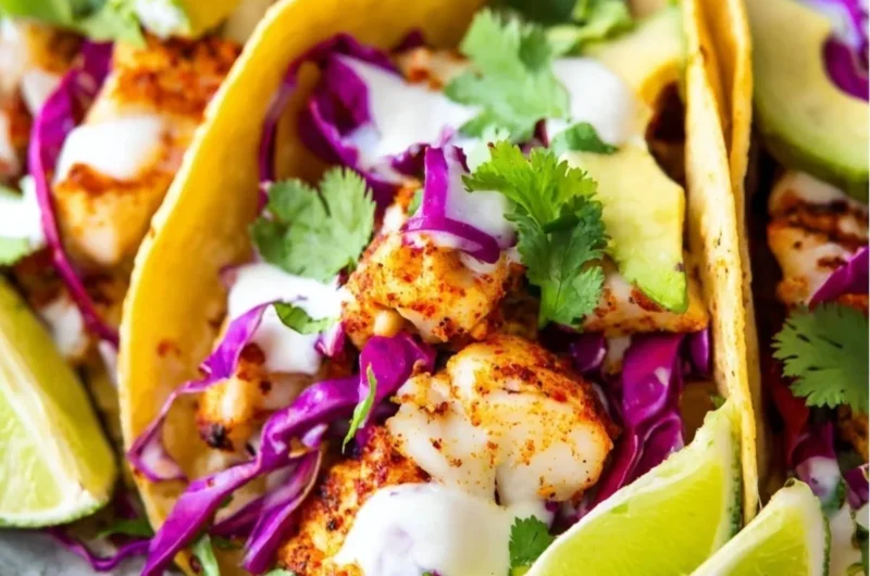 Delicious Baja fish tacos served with fresh toppings and lime wedges