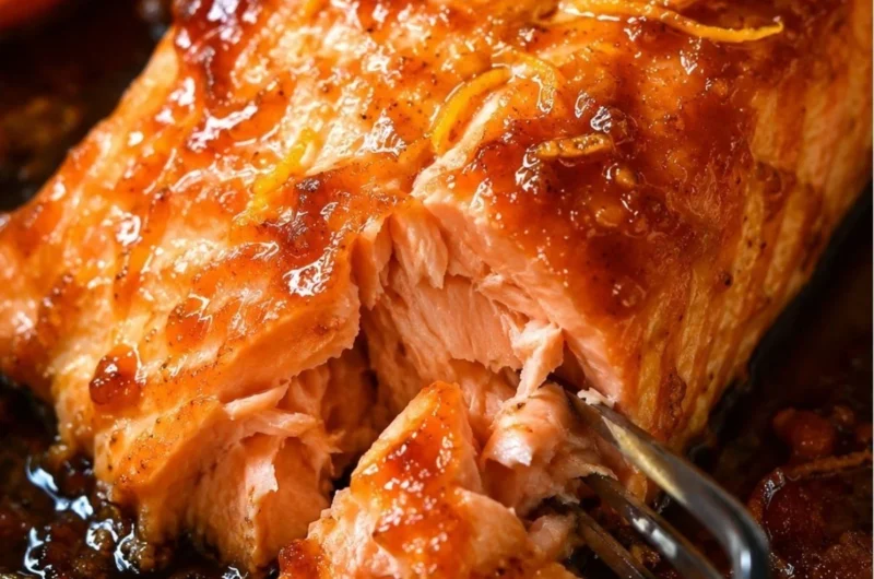 Baked salmon fillet topped with tangy orange sauce on a plate