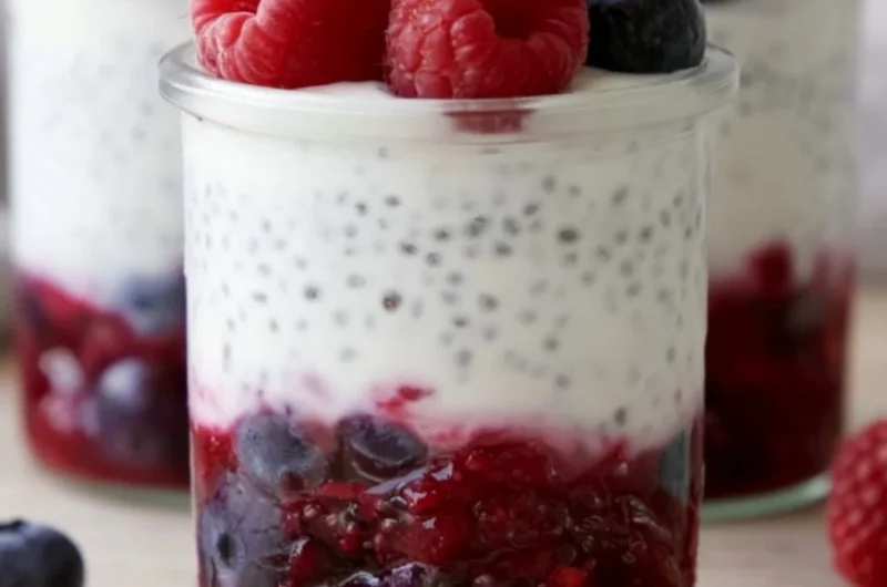 Berry & Chia Yogurt Parfait with fresh berries and chia seeds in a glass