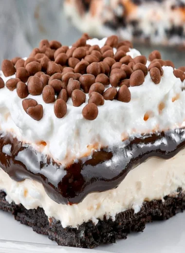 Delicious chocolate lasagna dessert with creamy layers and chocolate topping