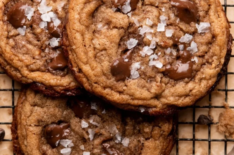 Freshly baked coffee cookies on a wooden table with coffee beans