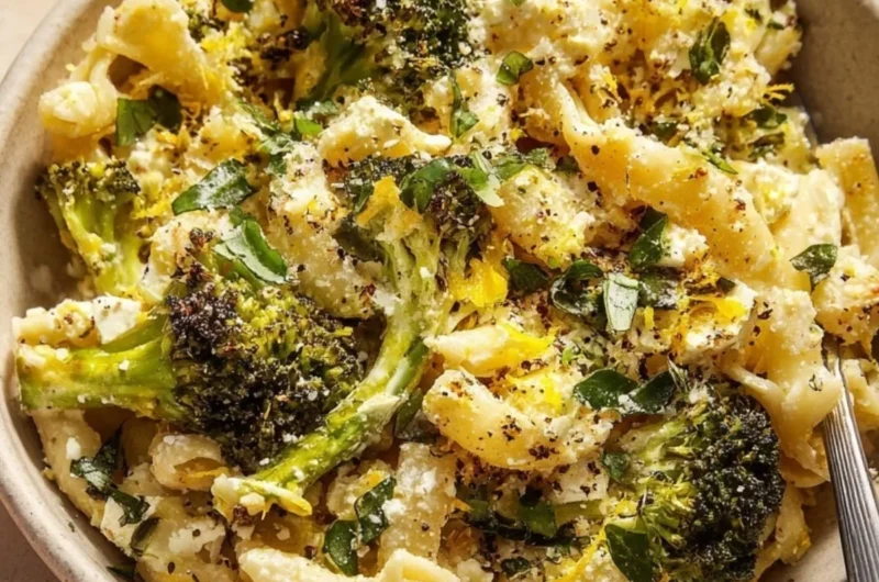 Cozy baked feta pasta with broccoli in a serving dish