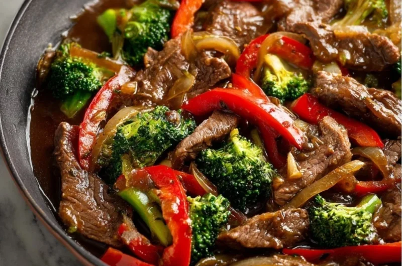 Cozy beef stir fry with colorful veggies and tender beef slices