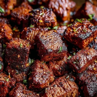 Cozy Cajun Butter Steak Bites served on a plate with herbs and spices