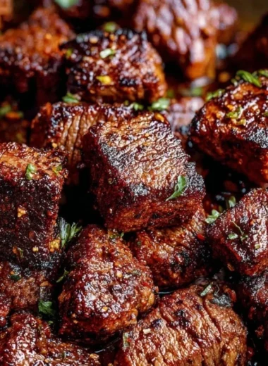Cozy Cajun Butter Steak Bites served on a plate with herbs and spices
