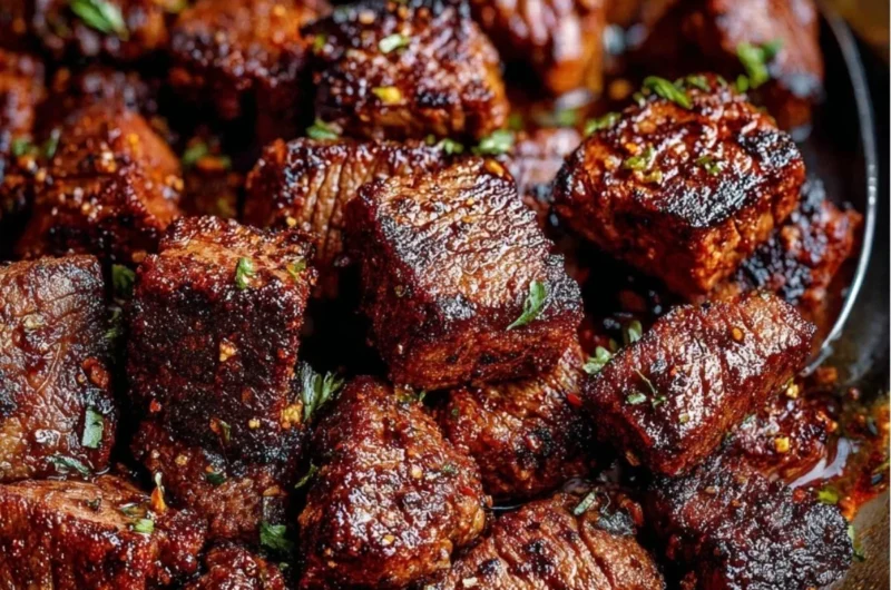 Cozy Cajun Butter Steak Bites served on a plate with herbs and spices
