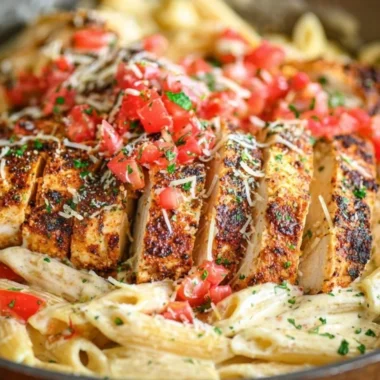 Bowl of creamy Cajun Chicken Pasta with colorful vegetables