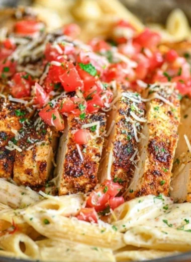 Bowl of creamy Cajun Chicken Pasta with colorful vegetables