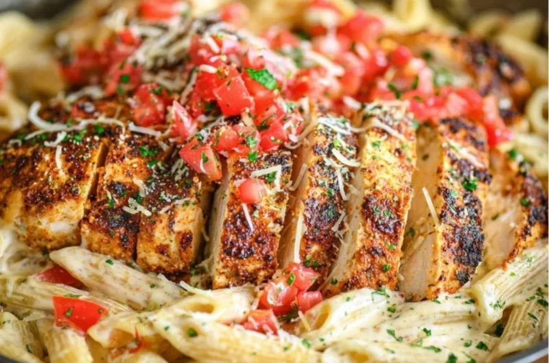Bowl of creamy Cajun Chicken Pasta with colorful vegetables