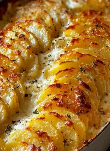 Deliciously baked cheesy potatoes gratin, golden and creamy, perfect for cozy meals.