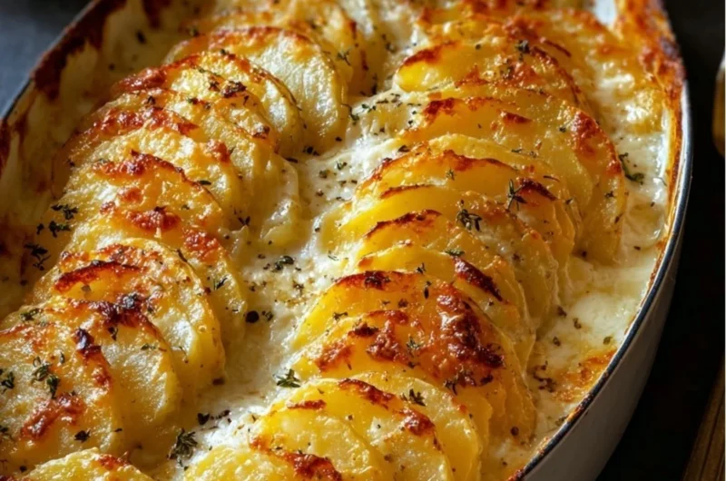 Deliciously baked cheesy potatoes gratin, golden and creamy, perfect for cozy meals.