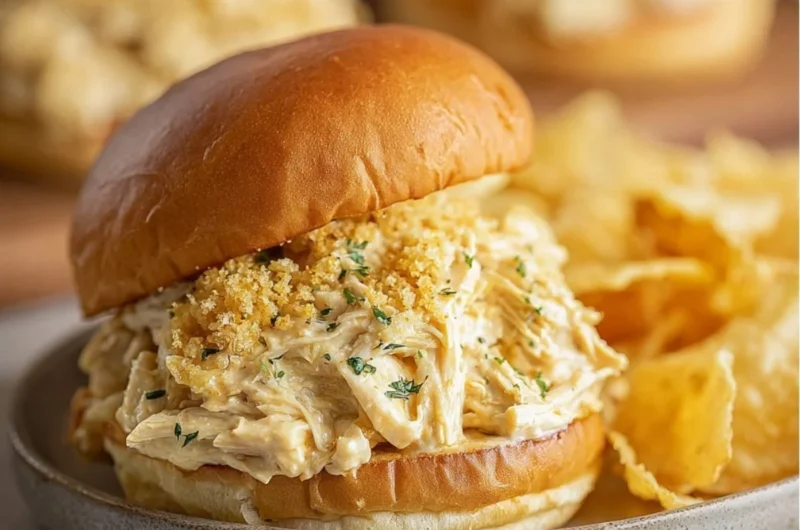 Cozy Ohio shredded chicken sandwich served with fresh toppings