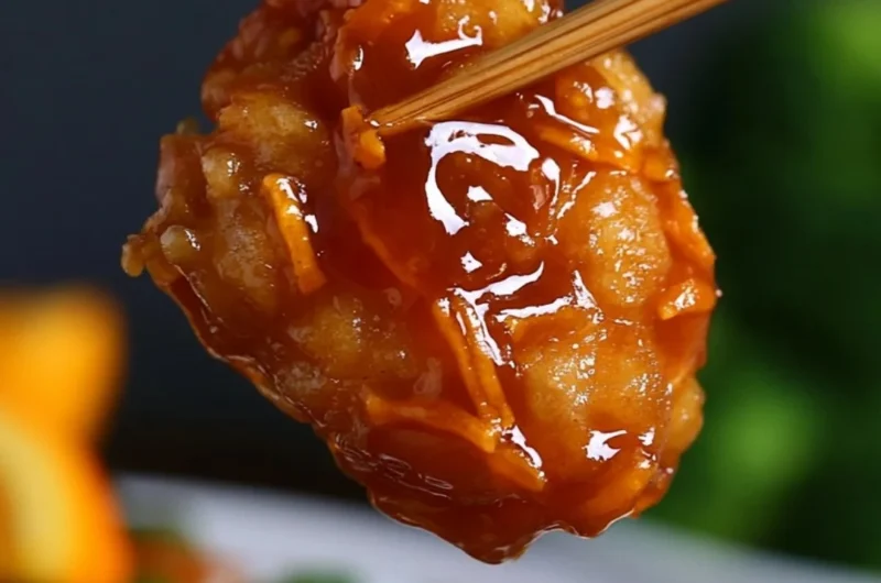 Cozy orange chicken dish with vibrant sauce and garnishes served in a bowl.