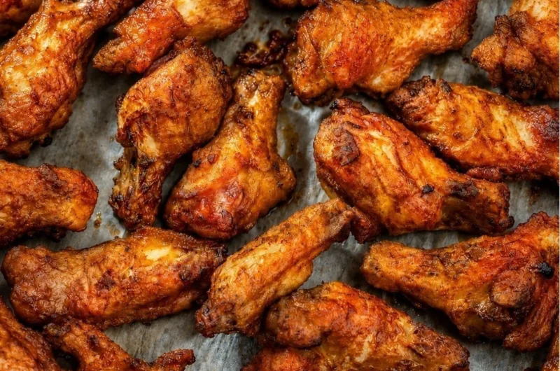 Cozy smoked chicken wings on a platter, garnished with herbs and spices.