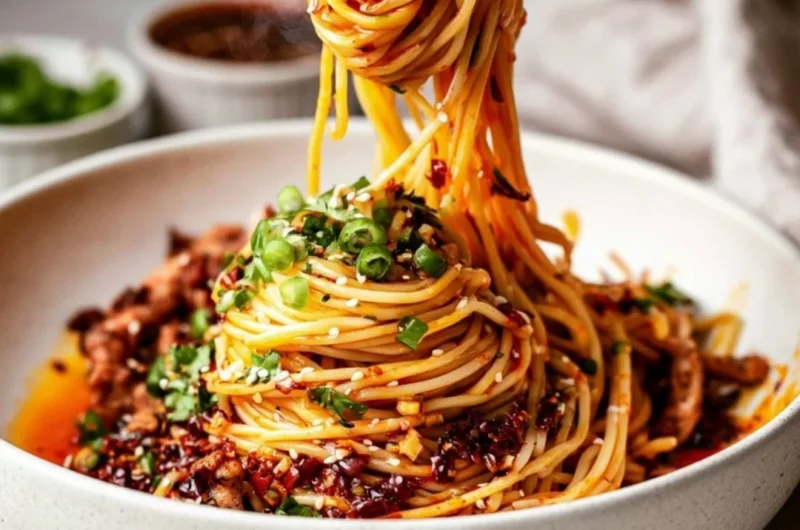 Bowl of cozy Szechuan noodles topped with fresh herbs and vegetables
