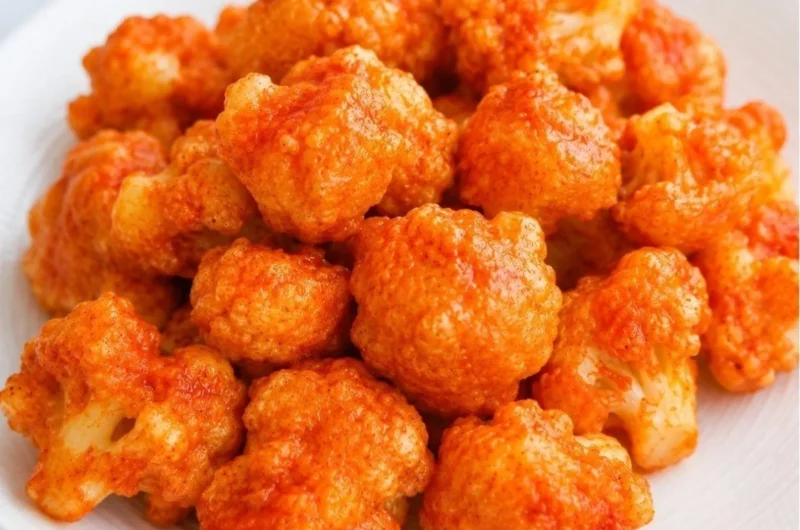Baked vegan cauliflower nuggets served on a plate with dipping sauce.