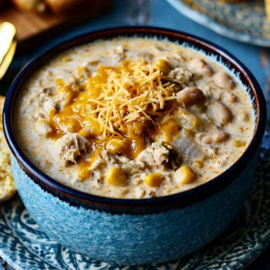 Bowl of cozy white chili garnished with cilantro and served with cornbread