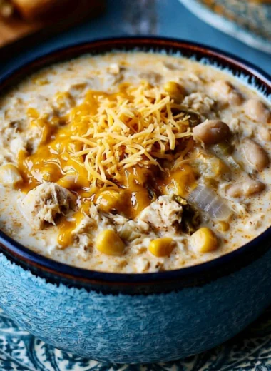Bowl of cozy white chili garnished with cilantro and served with cornbread