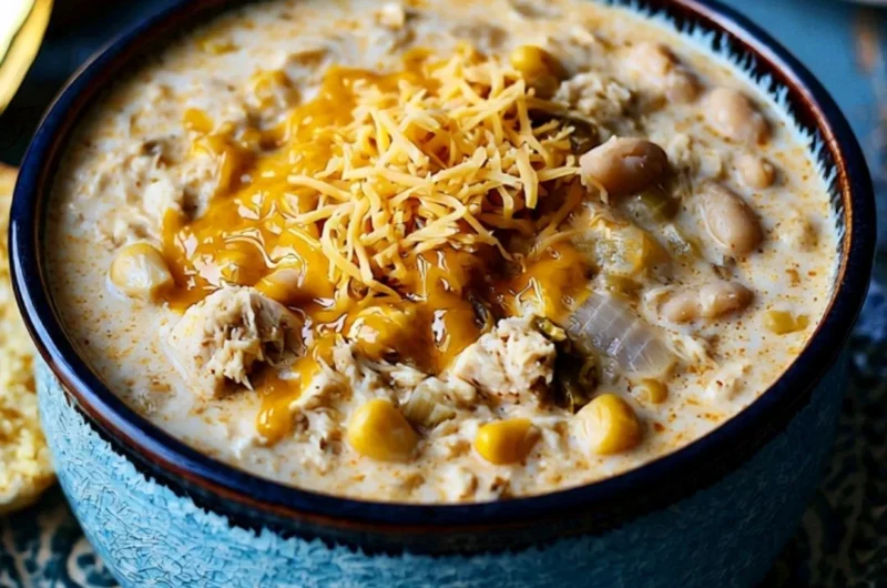 Bowl of cozy white chili garnished with cilantro and served with cornbread