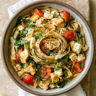 Creamy Chicken Feta Spinach Pasta served in a bowl with herbs