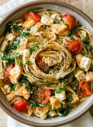 Creamy Chicken Feta Spinach Pasta served in a bowl with herbs