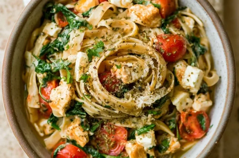 Creamy Chicken Feta Spinach Pasta served in a bowl with herbs