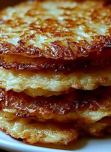 Plate of crispy German potato pancakes garnished with herbs