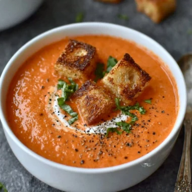 Bowl of easy creamy tomato soup topped with fresh herbs and served with bread