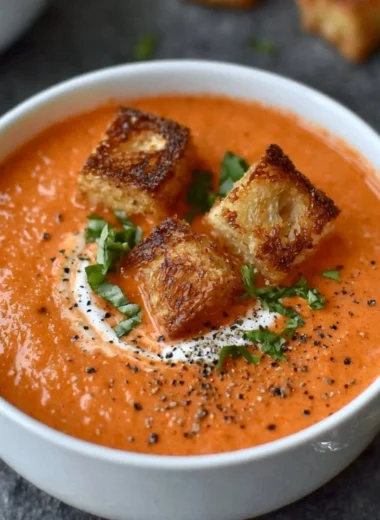 Bowl of easy creamy tomato soup topped with fresh herbs and served with bread