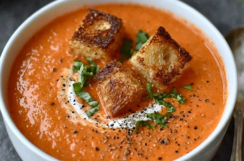 Bowl of easy creamy tomato soup topped with fresh herbs and served with bread