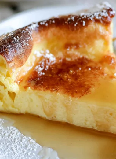 Fluffy easy German pancakes topped with powdered sugar and fruit