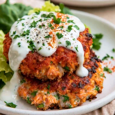 Delicious easy salmon patties served with lemon garlic sauce