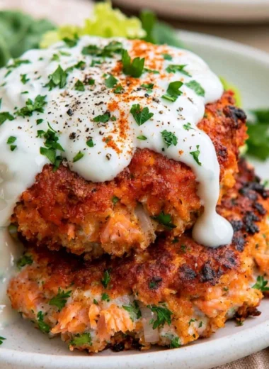 Delicious easy salmon patties served with lemon garlic sauce