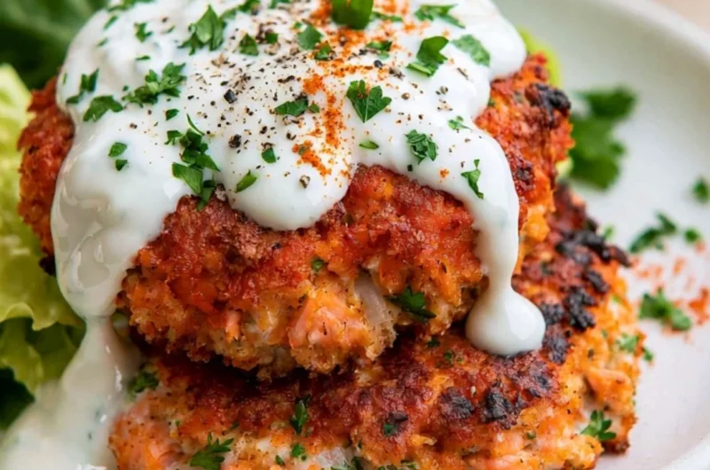 Delicious easy salmon patties served with lemon garlic sauce