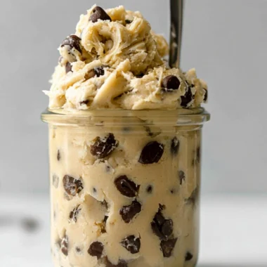 Bowl of edible chocolate chip cookie dough for one, ready to enjoy.