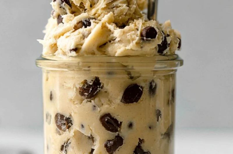 Bowl of edible chocolate chip cookie dough for one, ready to enjoy.