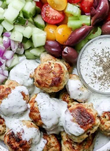 Plate of Greek Chicken Meatballs garnished with herbs and served with yogurt sauce