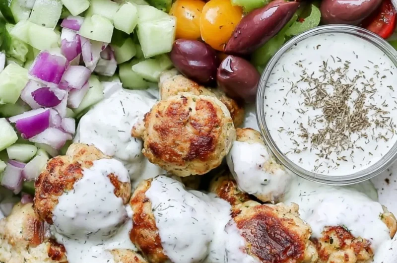 Plate of Greek Chicken Meatballs garnished with herbs and served with yogurt sauce