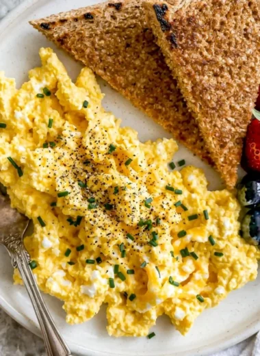 High-protein scrambled eggs with cottage cheese in a bowl