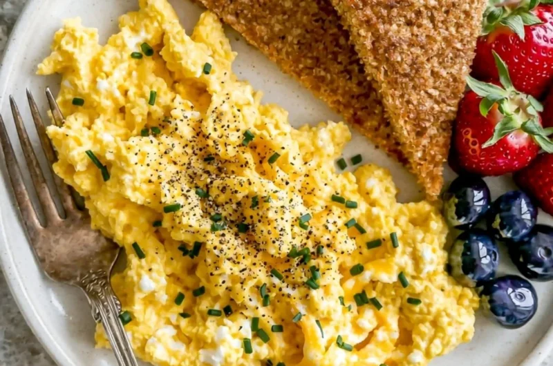 High-protein scrambled eggs with cottage cheese in a bowl