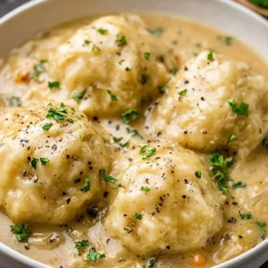Bowl of homemade chicken and dumplings served with fresh herbs