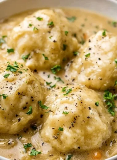 Bowl of homemade chicken and dumplings served with fresh herbs