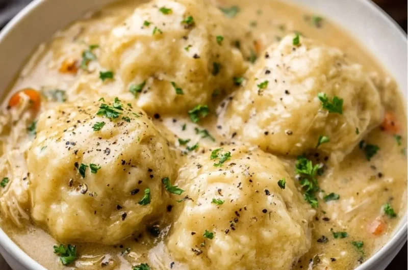Bowl of homemade chicken and dumplings served with fresh herbs