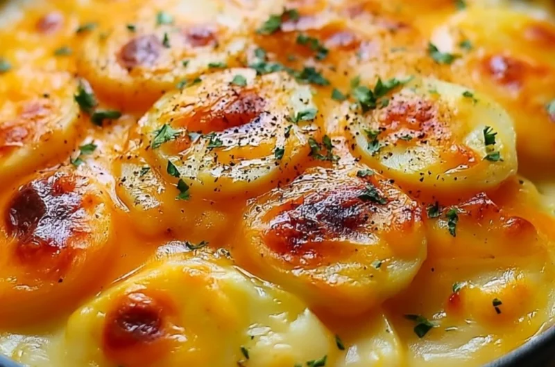 Creamy homemade scalloped potatoes baked to perfection with layers of cheese and potatoes.