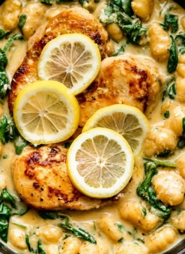 One Pan Gnocchi with Chicken and Spinach served in a skillet