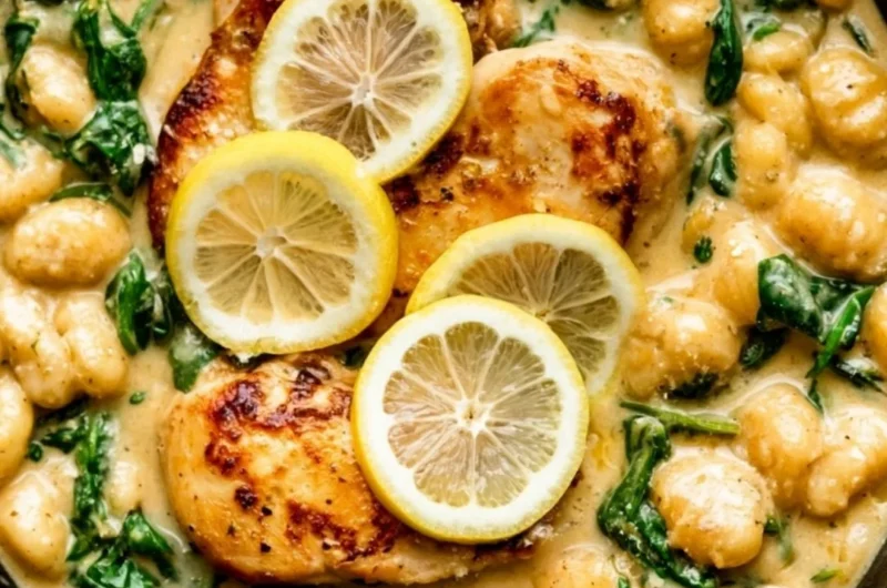 One Pan Gnocchi with Chicken and Spinach served in a skillet