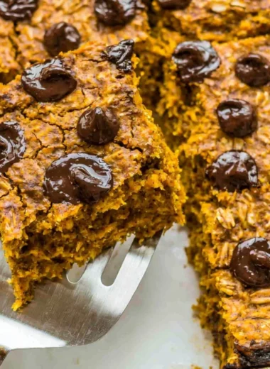Delicious pumpkin baked oatmeal with chocolate chips in a baking dish