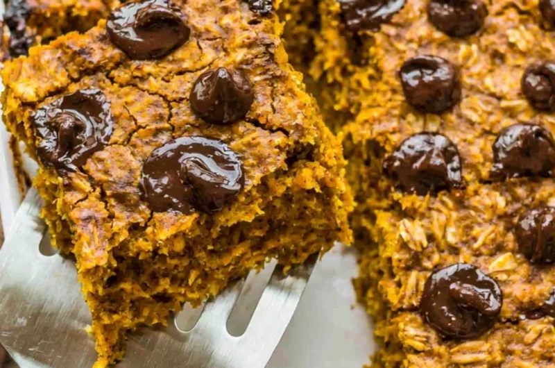 Delicious pumpkin baked oatmeal with chocolate chips in a baking dish